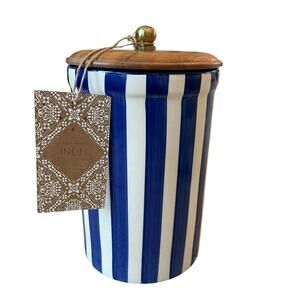 Hand Painted Striped Ceramic Canister w/ Wood Lid Made in India Blue Cream 8"